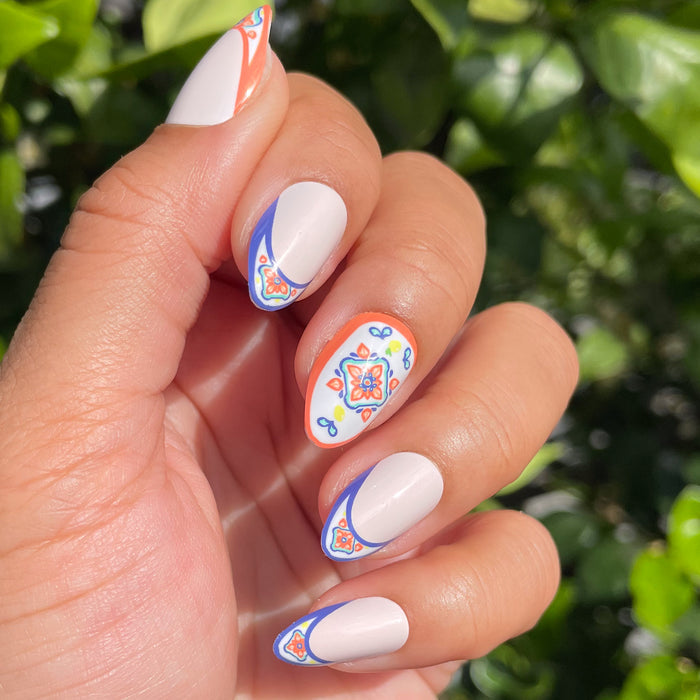 Italian Tile French - Press-On | Medium | Almond with white base and detailed colorful Italian tile-inspired nail art for easy mani