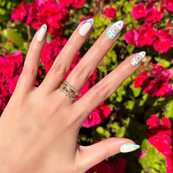 Italian Tile French - Press-On | Medium | Almond nails with colorful detailed tile-inspired tips for easy at home mani
