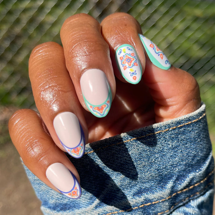 Italian Tile French - Press-On | Medium | Almond with intricate colorful tile-inspired details and soft pastel tips for easy mani