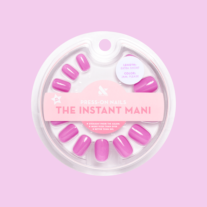 Jam, Please - Press-On | Extra Short | Squoval showing glossy soft magenta extra short squoval false nails in round packaging