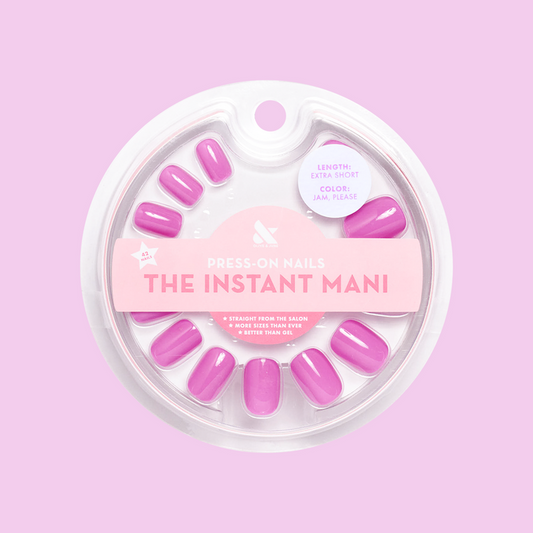 Jam, Please - Press-On | Extra Short | Squoval showing glossy soft magenta extra short squoval false nails in round packaging