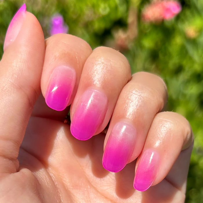 Jelly Magenta Gradient - Press-On | Short | Round showing short false nails with a vibrant magenta gradient mani outdoors