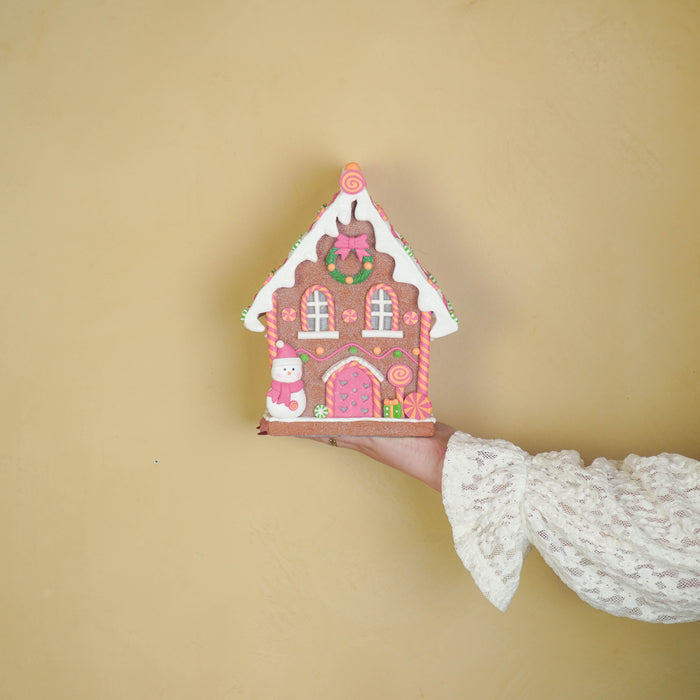 Kerst Decoratie - Led Lamp - Snoephuis Peperkoek - Klei - Bruin/Roze - 18.5x13x23.5 cm
