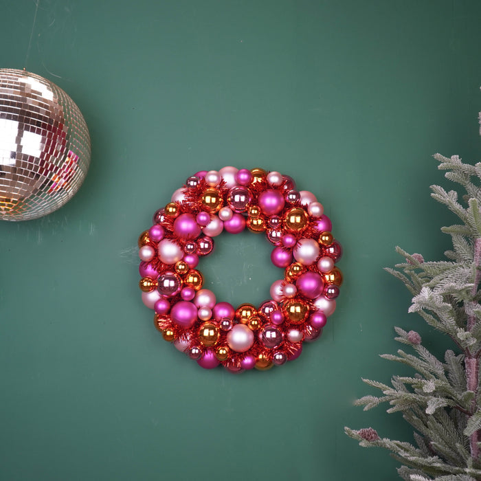 Kerstversiering -  Kerst Krans Kerstballen -  Kunststof - Roze/Oranje - 34x10 cm