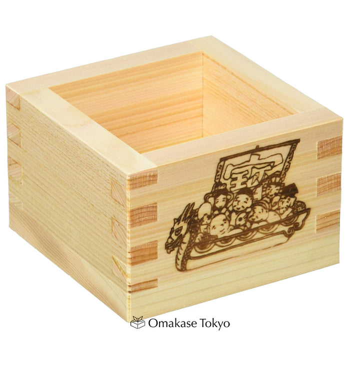 Koyanagi Sangyo Domestic Natural Wood Sake Masu with Seven Lucky Gods Design