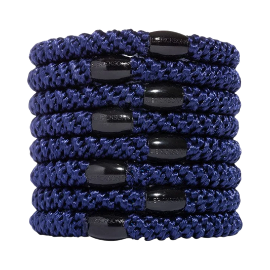 Set of blue hair ties with black ends on a white background