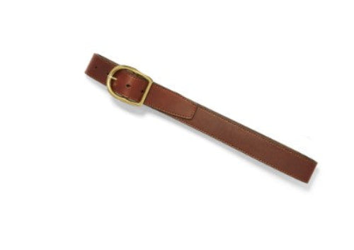 A ladies' cognac brown leather belt with a brass-plated buckle. Aerial view, laid flat.