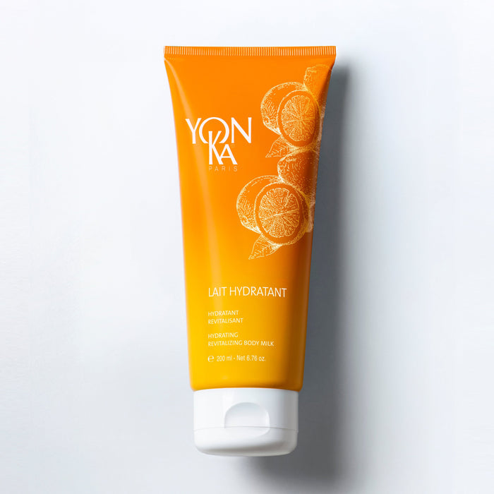 Yon-Ka Paris Lait Hydratant Vitality bottle with citrus label noting 4% ginseng and coconut grape seed organic sweet almond oils