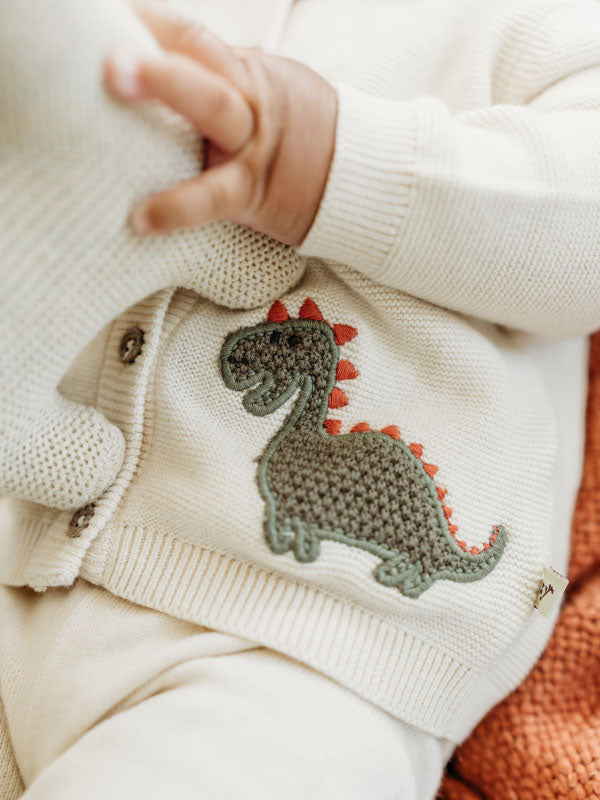 Little & Loved Dino Applique Baby Cardigan (Organic Cotton) Dinosaur Embroidery