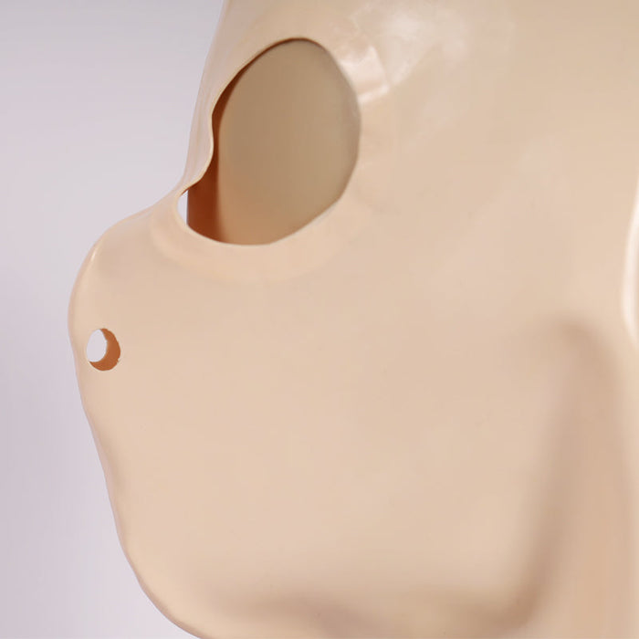 Pink and black latex hood from Inthemask by Moli's NH10 collection, full-coverage role-play mask with eye holes and gag attachment.