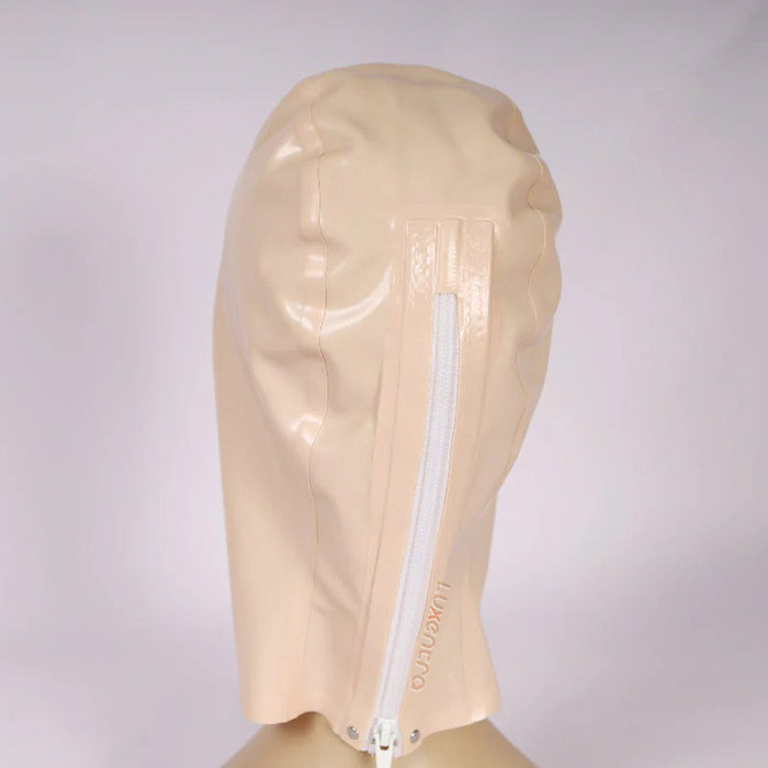 Full-coverage latex hood from Luxentra NH10 by Inthemask, designed for immersive role-play, shown in black on a mannequin.