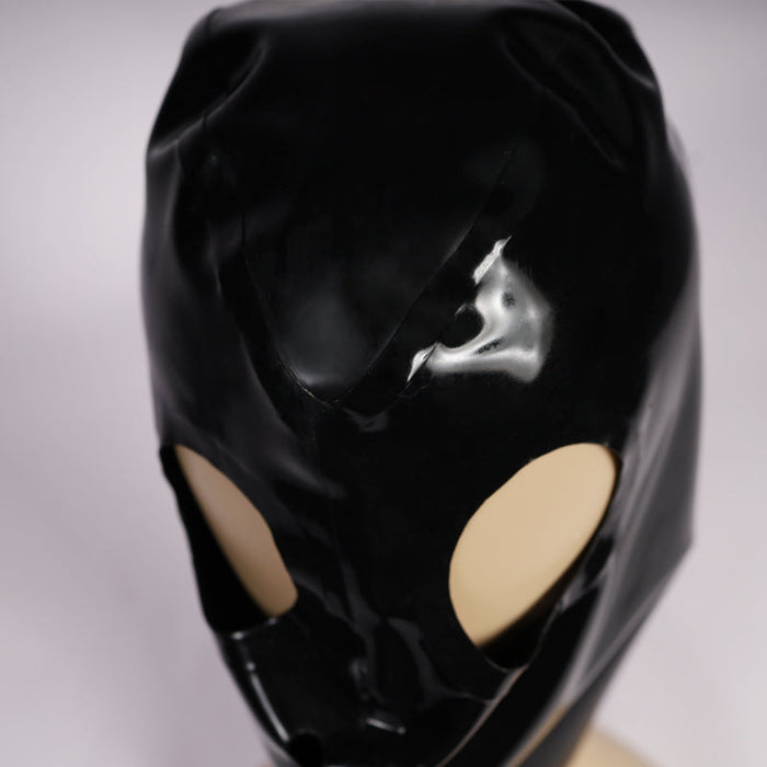 Pink and black full-coverage latex hood with eye holes and gag, designed for immersive role-play by Inthemask by Moli's.