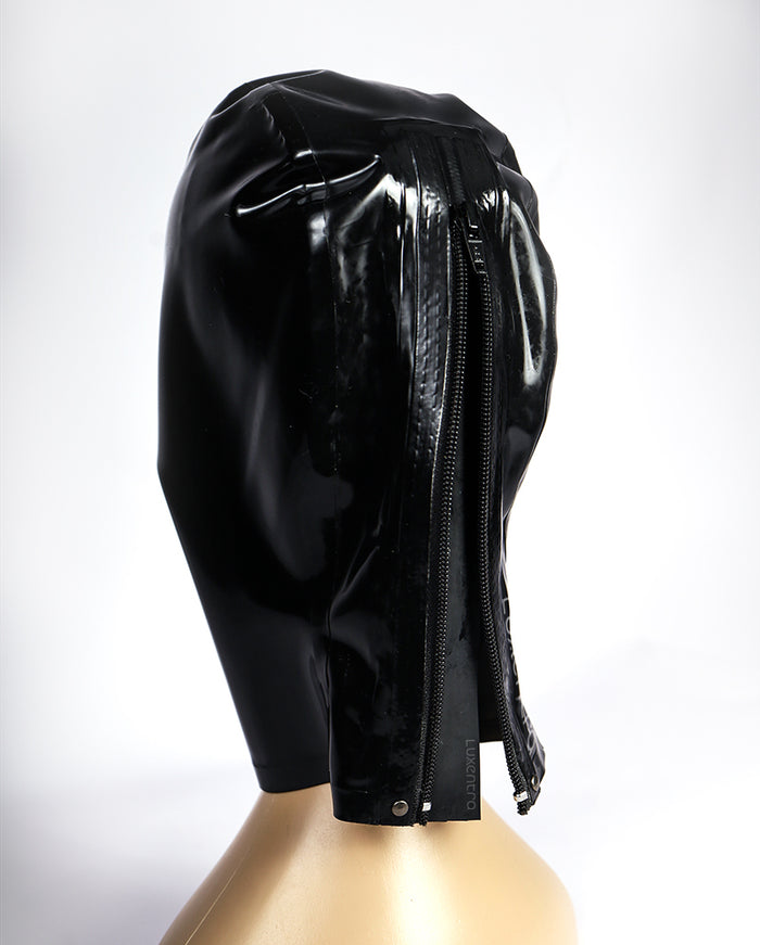 Inthemask by Moli's LUXENTRA NH10 full-coverage latex hood for immersive role-play, shown in black in the image.