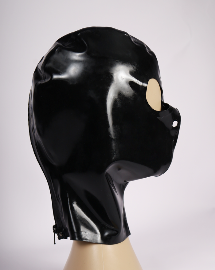 Inthemask by Moli's pink and black full-coverage latex hood with eye holes, designed for immersive role-play experiences.