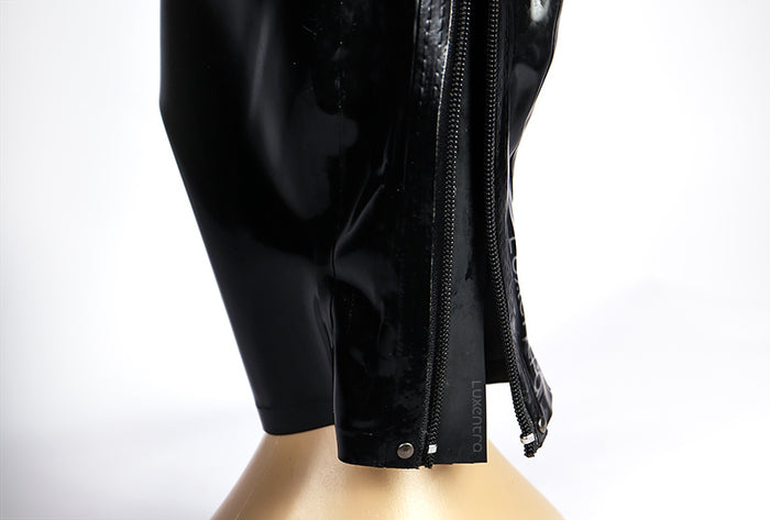 Inthemask by Moli's LUXENTRA NH10 full-coverage latex hood for immersive role-play, shown in black with textured surface.
