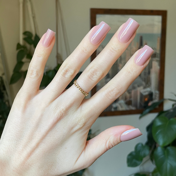Mauve Gloss - Press-On | Medium | Square showing hand with glossy mauve medium square press-on manicure indoors with plants background