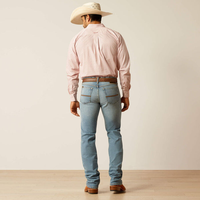 Men's Ariat M7 straight jean in a light wash. Full rear view