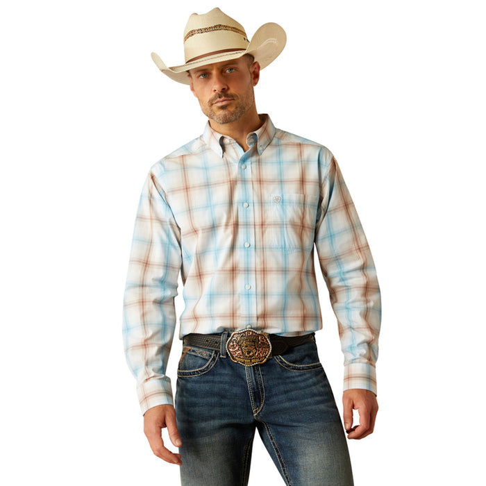 Men's Ariat long sleeve Western style shirt in Light Brown Plaid.