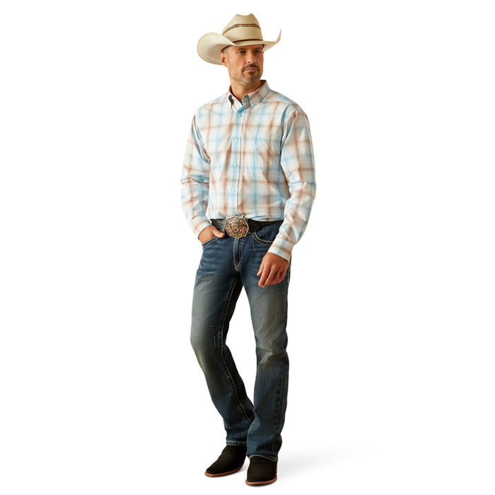 Men's Ariat long sleeve Western style shirt in Light Brown Plaid. Full front view showing shirt tucked.