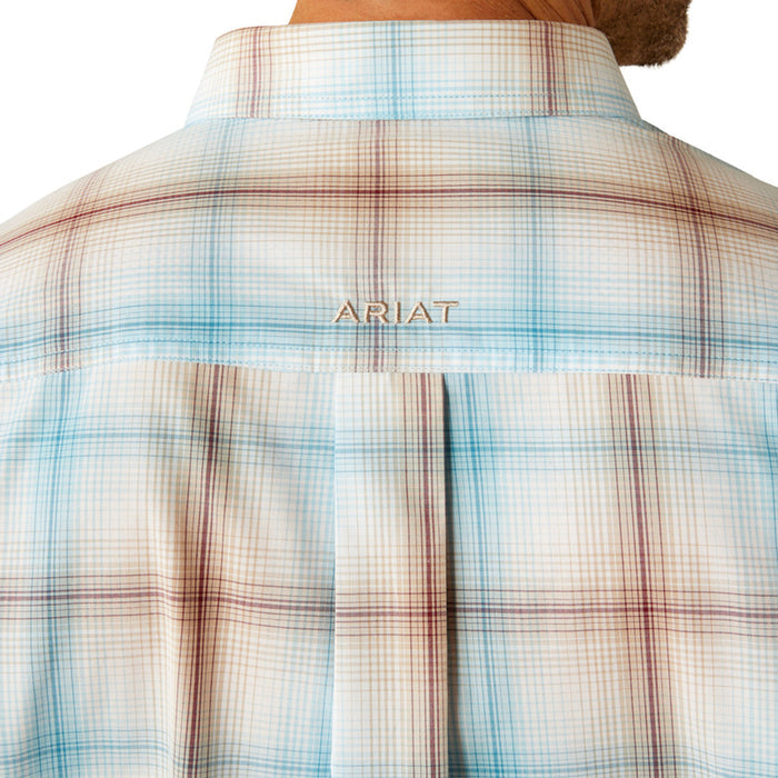 Men's Ariat long sleeve Western style shirt in Light Brown Plaid. Close up rear view of Ariat logo.