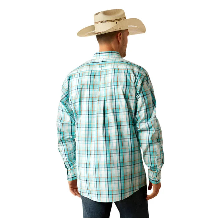 Men's Ariat Pro Series long sleeve shirt in Teal Plaid. Rear view showing shirt untucked, with blocked Ariat logo on yoke.
