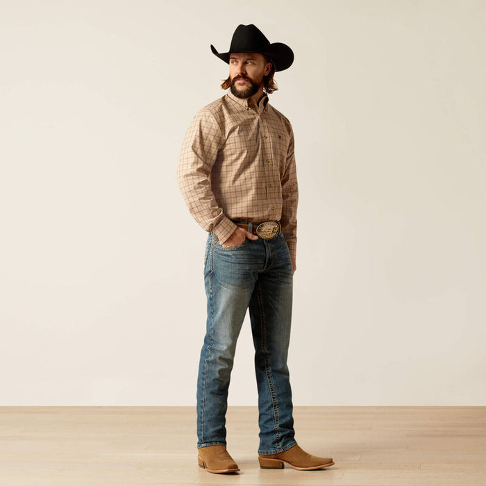 Men's Ariat Pro series long sleeve shirt in Khaki Plaid. Full front view showing shirt tucked in.