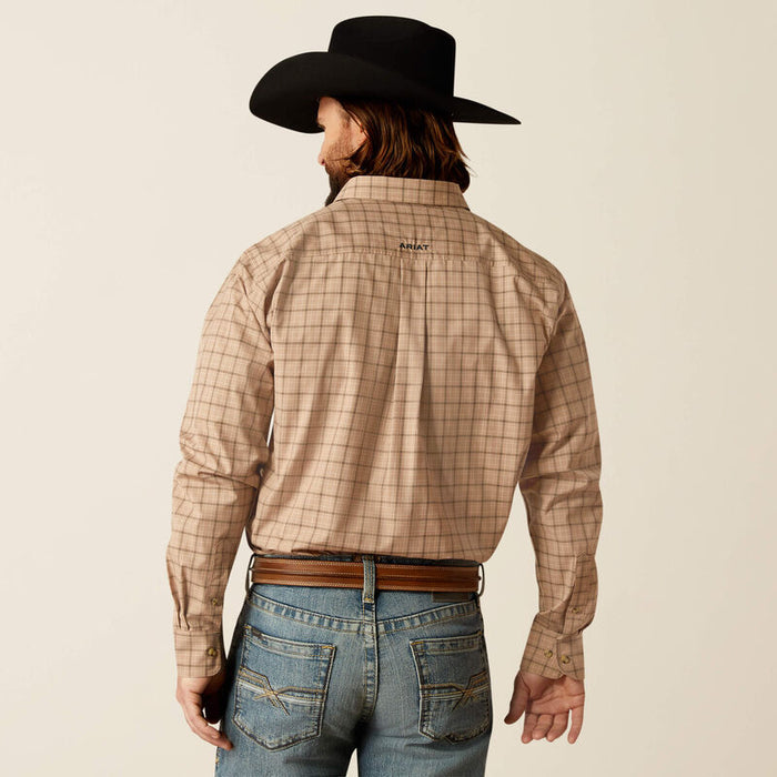 Men's Ariat Pro series long sleeve shirt in Khaki Plaid. Rear view showing shirt tucked in and Ariat logo.