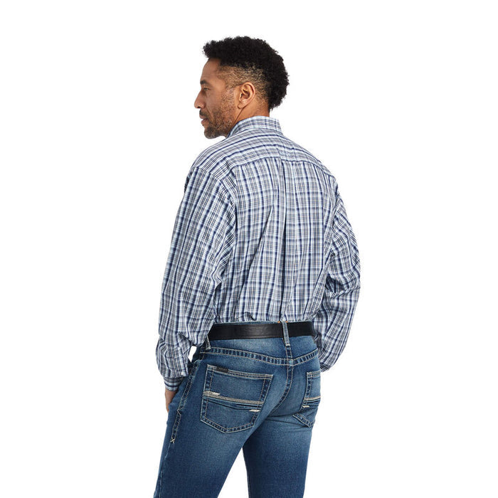 Men's Ariat long sleeve wrinkle free shirt in Airy Blue. Rear view showing shirt tucked in.