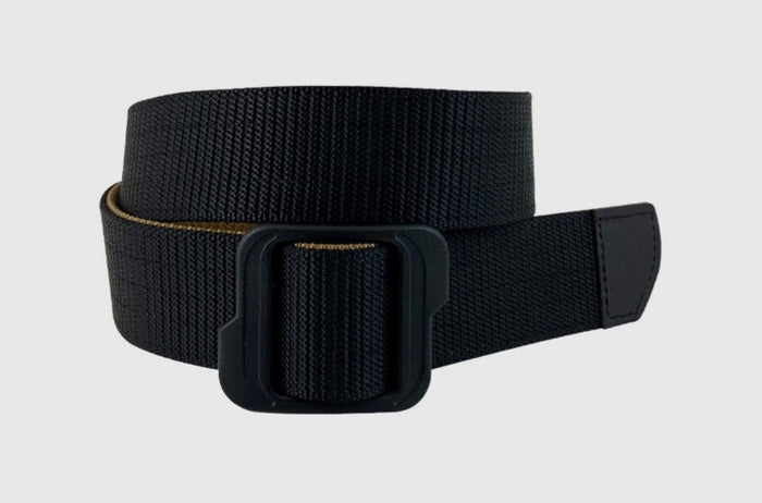 A reversible tactical web belt with a black and khaki color, featuring a plastic buckle and a leather patch with the Berne logo.