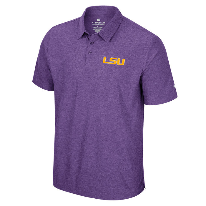 Men's Colosseum Athletics short sleeve purple polo with a "LSU" graphic print on left chest. This is a officially licensed Louisiana State University shirt.
