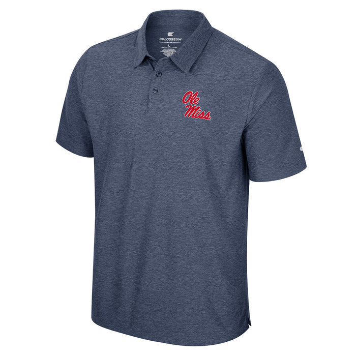 Men's Colosseum Athletics short sleeve polo shirt in Navy with a Ole Miss logo graphic of left chest.