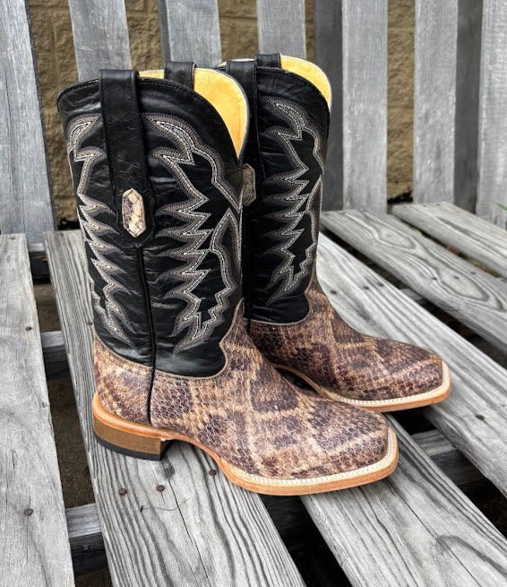 Men's square-toe boots with natural rattlesnake print leather on the vamp and a 12 inch Black leather shaft with a detailed stitch pattern. Side View