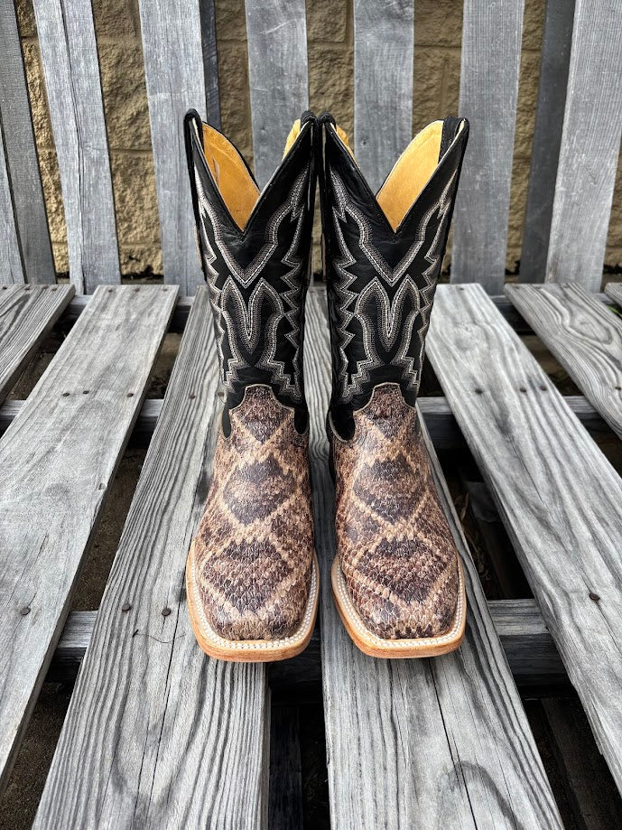 Men's square-toe boots with natural rattlesnake print leather on the vamp and a 12 inch Black leather shaft with a detailed stitch pattern. Front View
