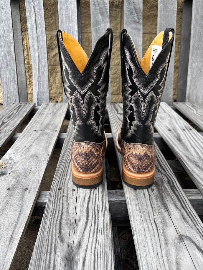 Men's square-toe boots with natural rattlesnake print leather on the vamp and a 12 inch Black leather shaft with a detailed stitch pattern. Rear View