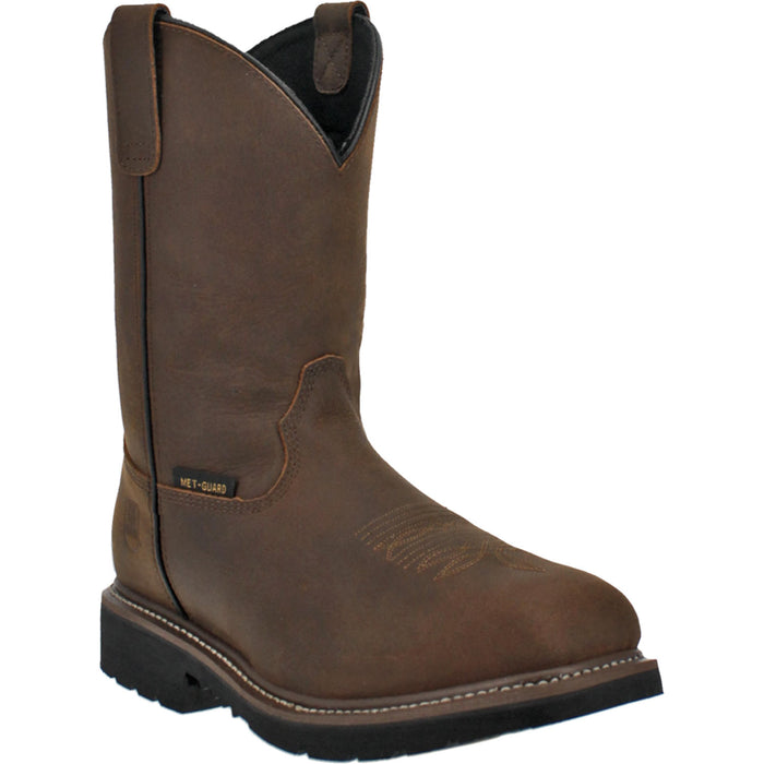 A profile of a brown, square-toed work boot with a non-metallic composite toe and a rubber outsole, designed for men.