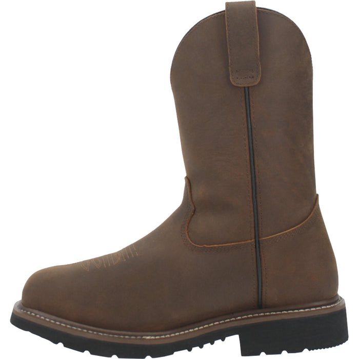 A view of the instep side of a brown, square-toed work boot with a non-metallic composite toe and a rubber outsole, designed for men.
