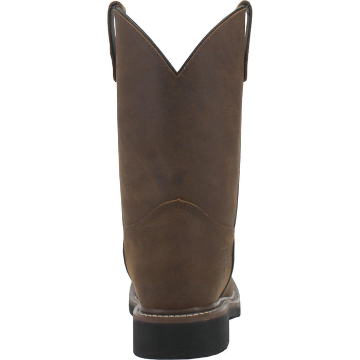 A back view of a brown, square-toed work boot with a non-metallic composite toe and a rubber outsole, designed for men.