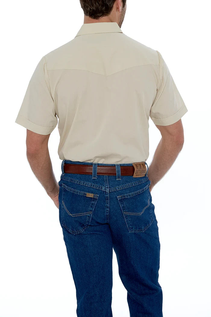 Men's Ely Cattleman Ecru Short Sleeve Solid Western Snap Shirt