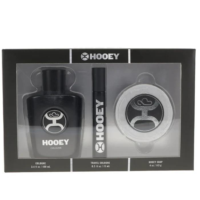 Hooey Black cologne set with bottle, travel spray, and soap bar. This set includes a full size 3.4 ounce bottle, a 0.5 ounce travel size bottle, and a 4 ounce soap bar.