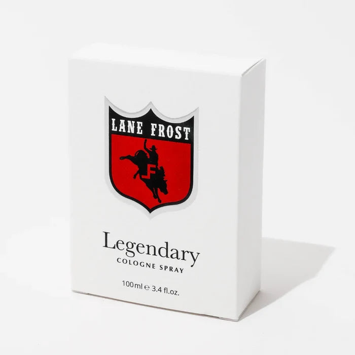 A white box of Lane Frost Legendary Cologne with red and black branding, containing a cologne spray product.