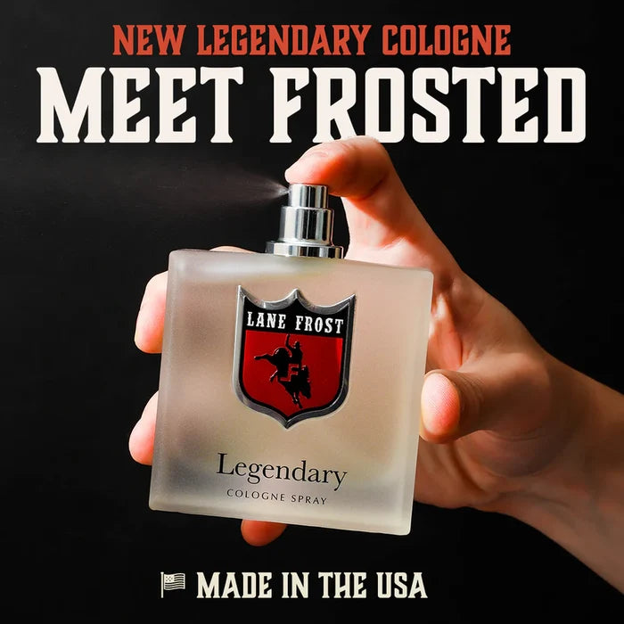 A white box of Lane Frost Legendary Cologne with red and black branding, containing a cologne spray product. Front view