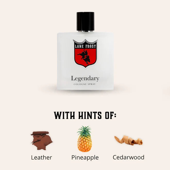 A white box of Lane Frost Legendary Cologne with red and black branding, containing a cologne spray product. Scents Leather, Pineapple, Cedarwood.