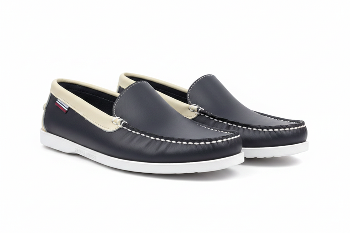 Men's Navy Blue & Cream Leather Loafers Sebago - white background