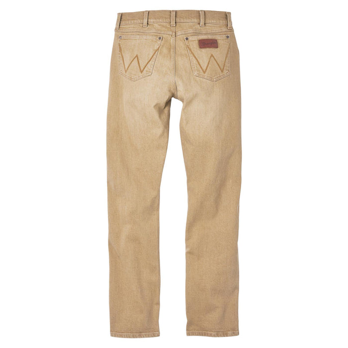 Men's Wrangler Retro slim fit straight leg saddle jeans with a color wash effect, showing the back view with two back pockets and 'W' stitching.