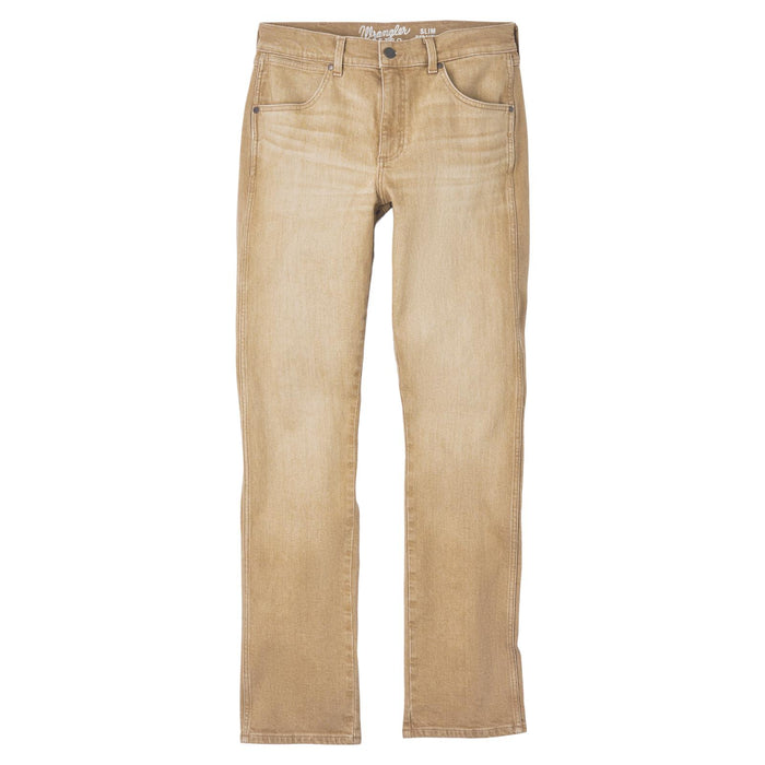 Men's Wrangler Retro slim fit straight leg saddle jeans with a color wash effect, showing the front view with two scoop pockets with rivets, a right coin pocket and button front.