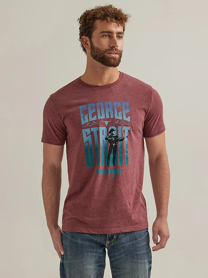 A man wearing a short sleeve, crew neck Wrangler George Strait t-shirt in port color. Front view.