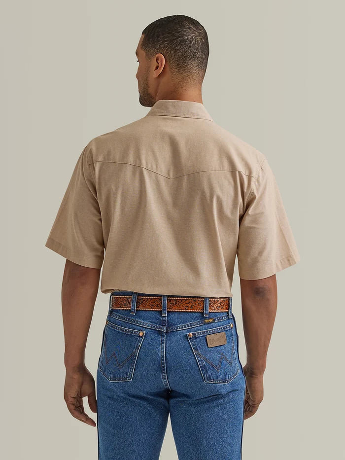 Men's Wrangler® Western Short Sleeve Chambray Workshirt in Khaki (Also Big/Tall Sizes)