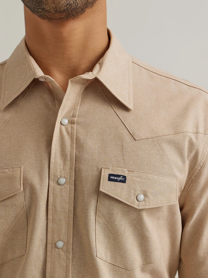 Men's Wrangler® Western Short Sleeve Chambray Workshirt in Khaki (Also Big/Tall Sizes)