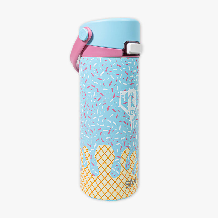 Adult model wearing blue water bottle with "Mesa Sport" design
