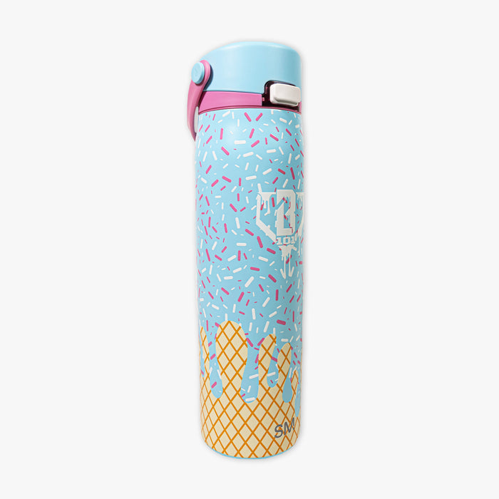 Adult model wearing blue water bottle with "Mesa Sport" design